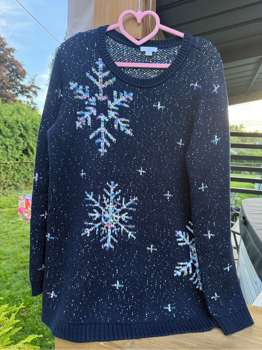 J. Jill Black Crewneck Sweater with Multicolor Snowflake Motifs